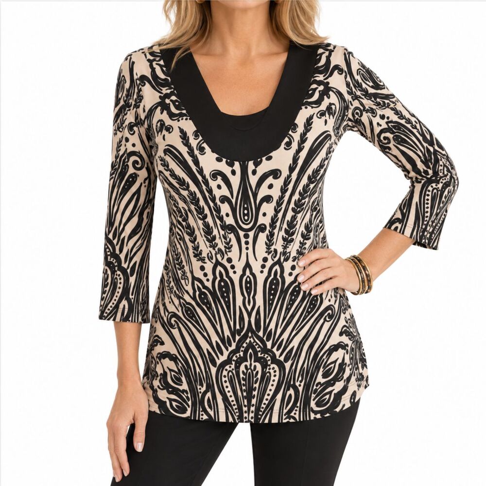 Chicos Travelers Womens Top 0 S Beige Black Paisley Stretch V Neck 3/4 Sleeve